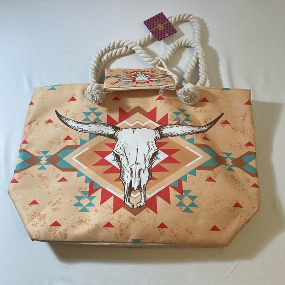 Southwestern Bag/Wallet Pouch Weekender-Travel Gym Aztec Cow Skull Tote Zippered - Picture 2 of 4